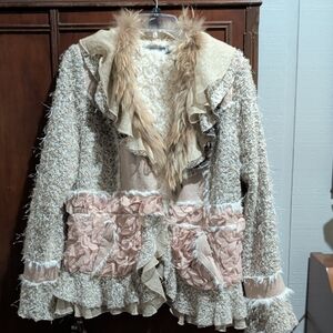 Textured Beige & Blush Ruffle Blazer with Faux Fur Trim